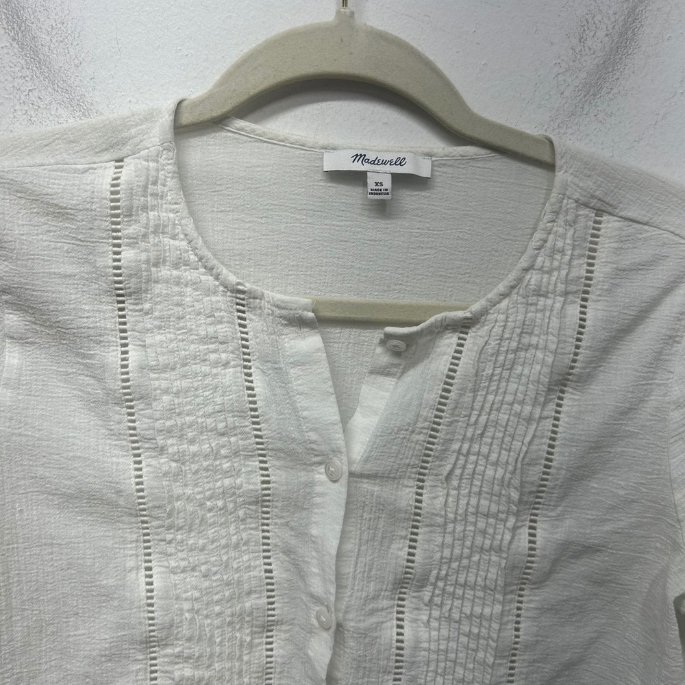 Madewell White Cotton Gauze Pintuck Ladder Lace Ruffle Hem Blouse AF666 XS - Picture 4 of 8